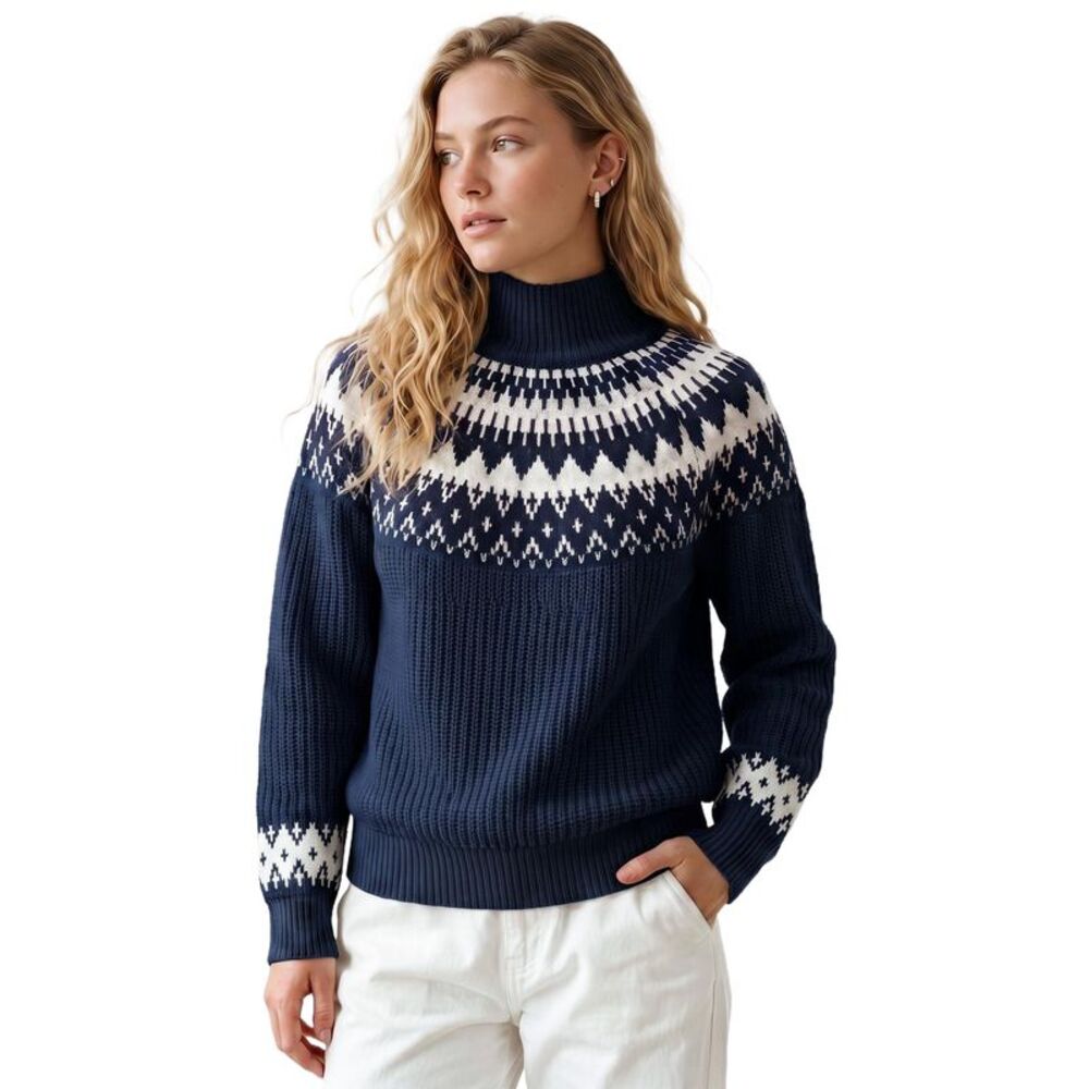 Women's Fair Isle Mock Neck  Argyle Pattern Casual Pullover Top Royal Blue
